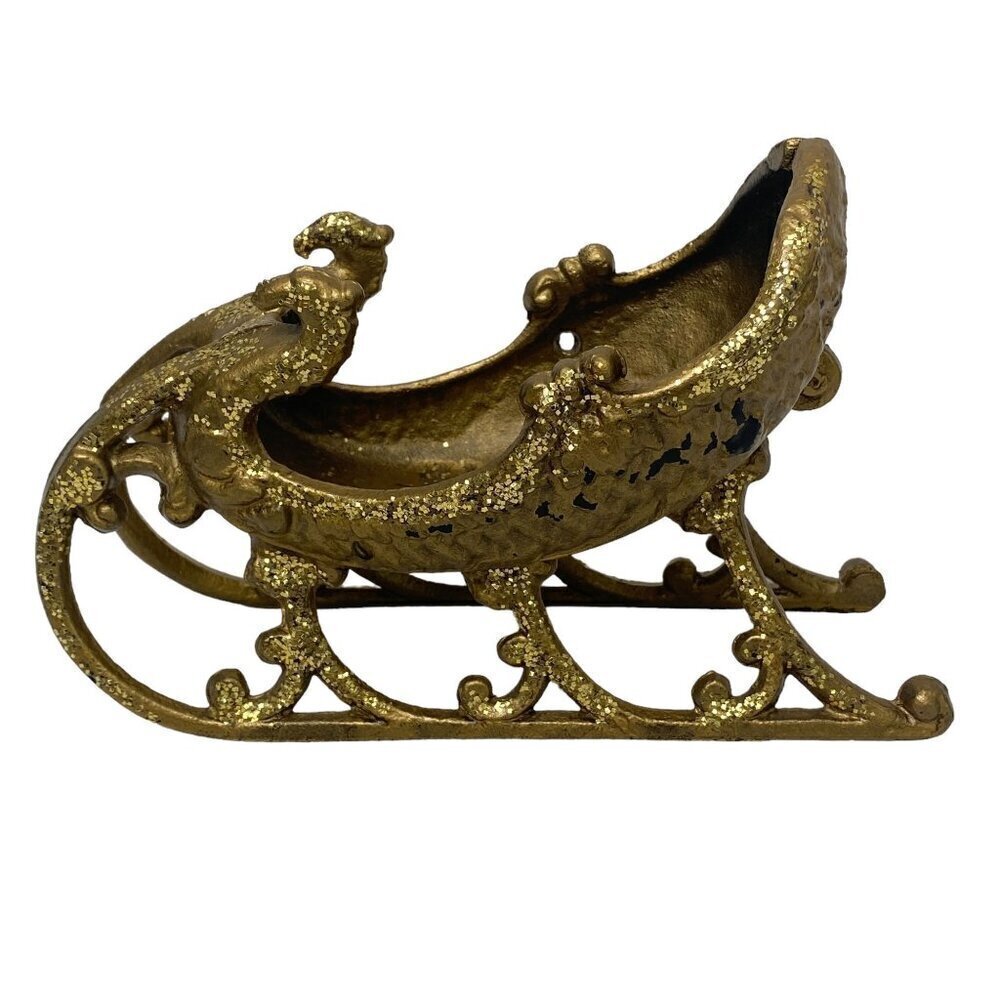 CHRISTMAS SLEIGH Victorian Holiday Decor Metal Antiqued Gold Finish
